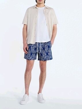 Free Assembly Men's 2XL 44-46 Seersucker Swim Trunks NWT Blue Palm Leaf Shorts